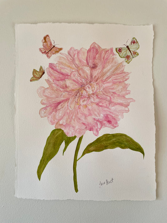 Soft Pink Peony Stem Botanical Watercolor Painting