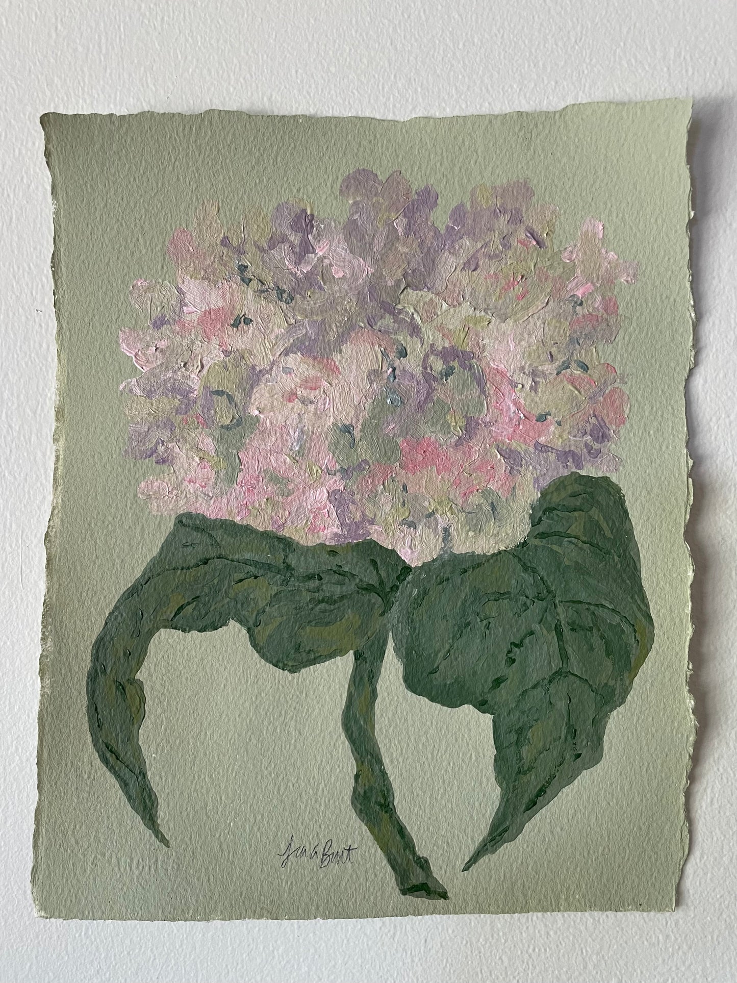 Pink hydrangeas on Green Print