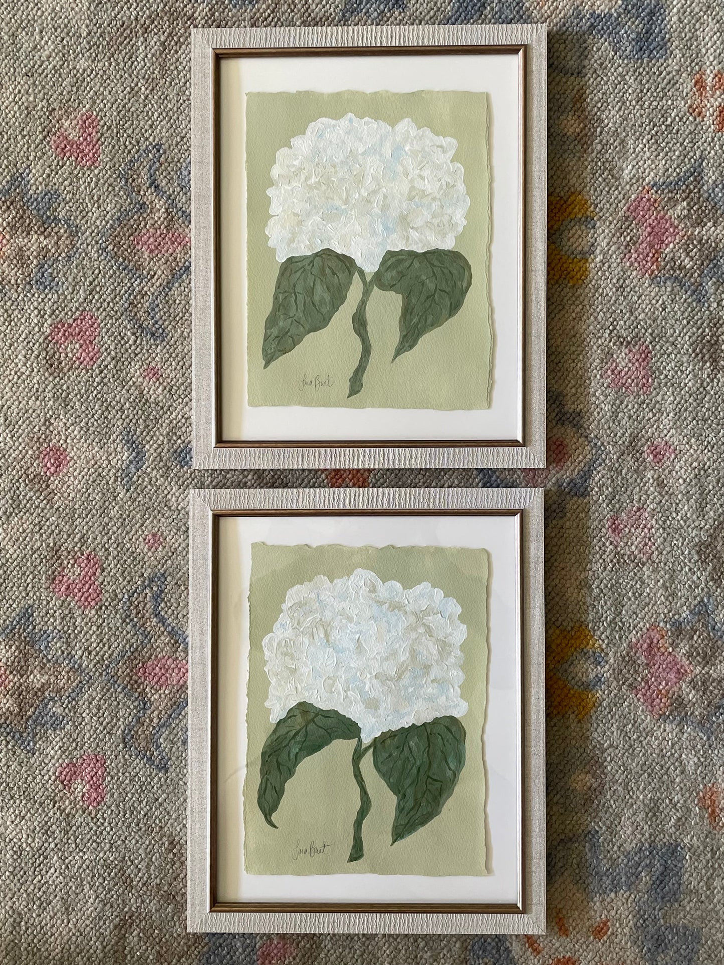 White hydrangea on green in off white frame no. 1