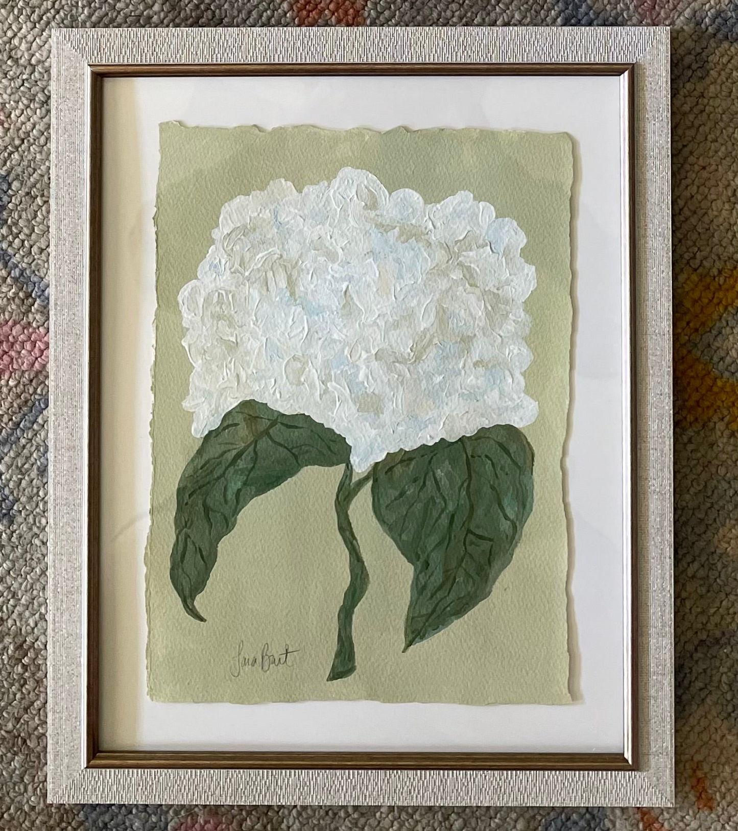 White hydrangea on green in off white frame no. 2