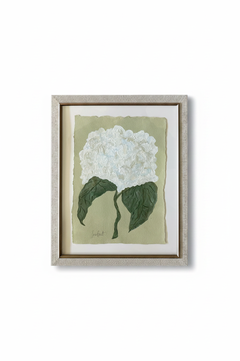 White hydrangea on green in off white frame no. 2