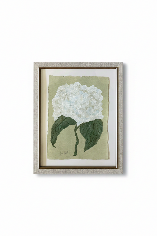 White hydrangea on green in off white frame no. 2