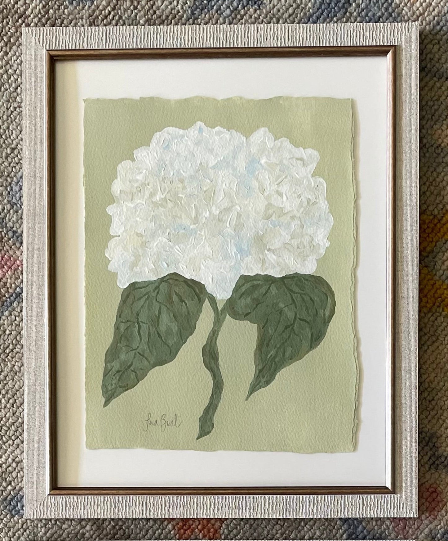 White hydrangea on green in off white frame no. 1