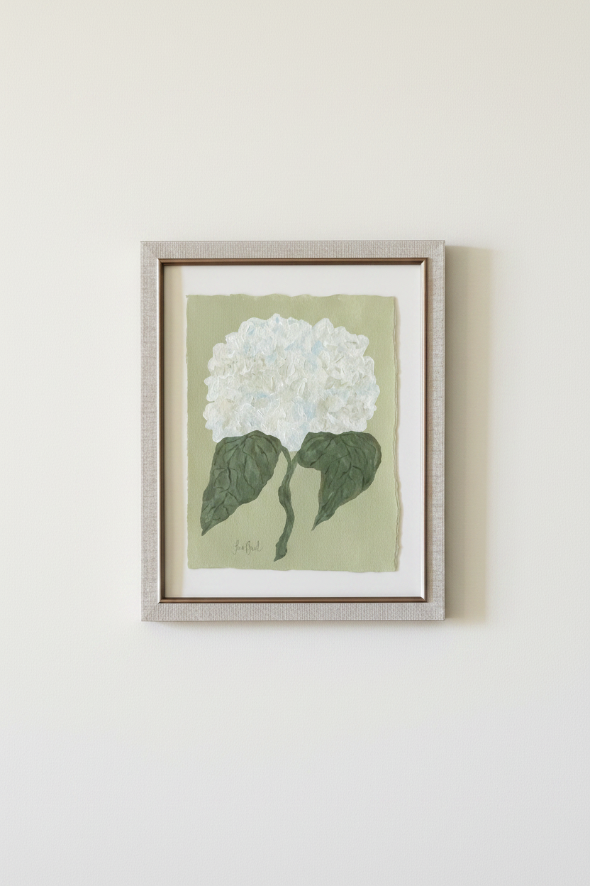 White hydrangea on green in off white frame no. 1