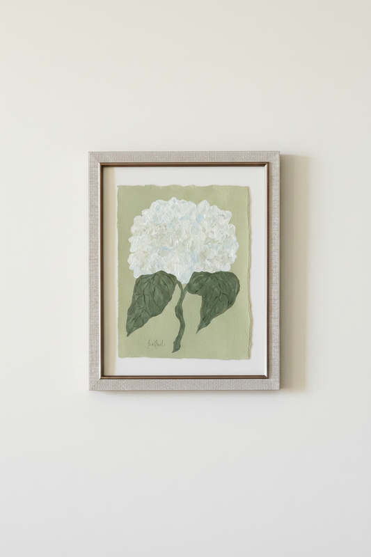 White hydrangea on green in off white frame no. 1