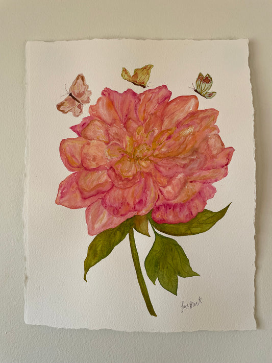 Pink Coral Peony Stem Botanical Watercolor Painting